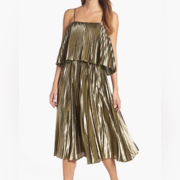 J Crew Pleated Metallic Gold/Black Midi Party Dress - Picture 1 of 7